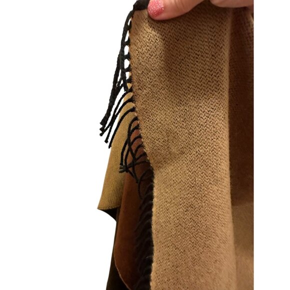 Colorblock Fringe Trim Poncho Wrap In Brown & Tan - One Size - Picture 3 of 4